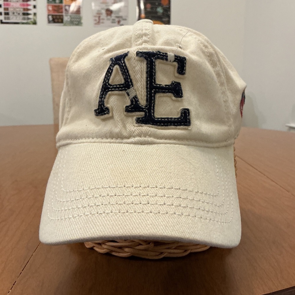 VTG Y2K American Eagle Baseball Cap Sz S-M Cream Distressed Preppy Hat